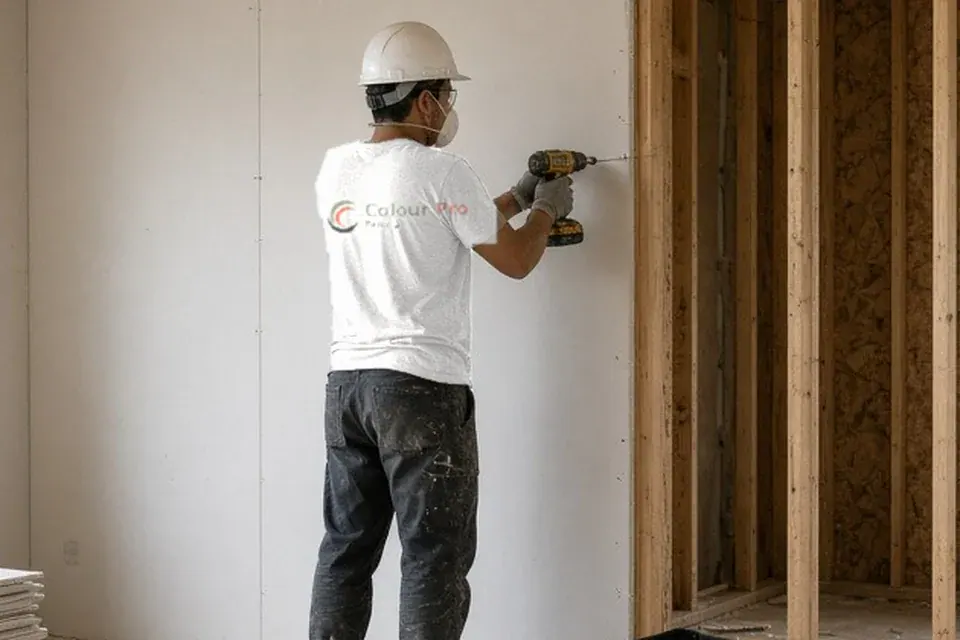 Drywall crew finishing a freshly hung interior wall