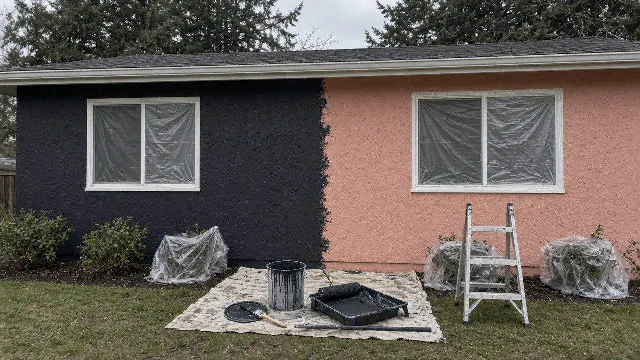 Stucco house mid repaint, deep charcoal over salmon, with masked windows and covered shrubs